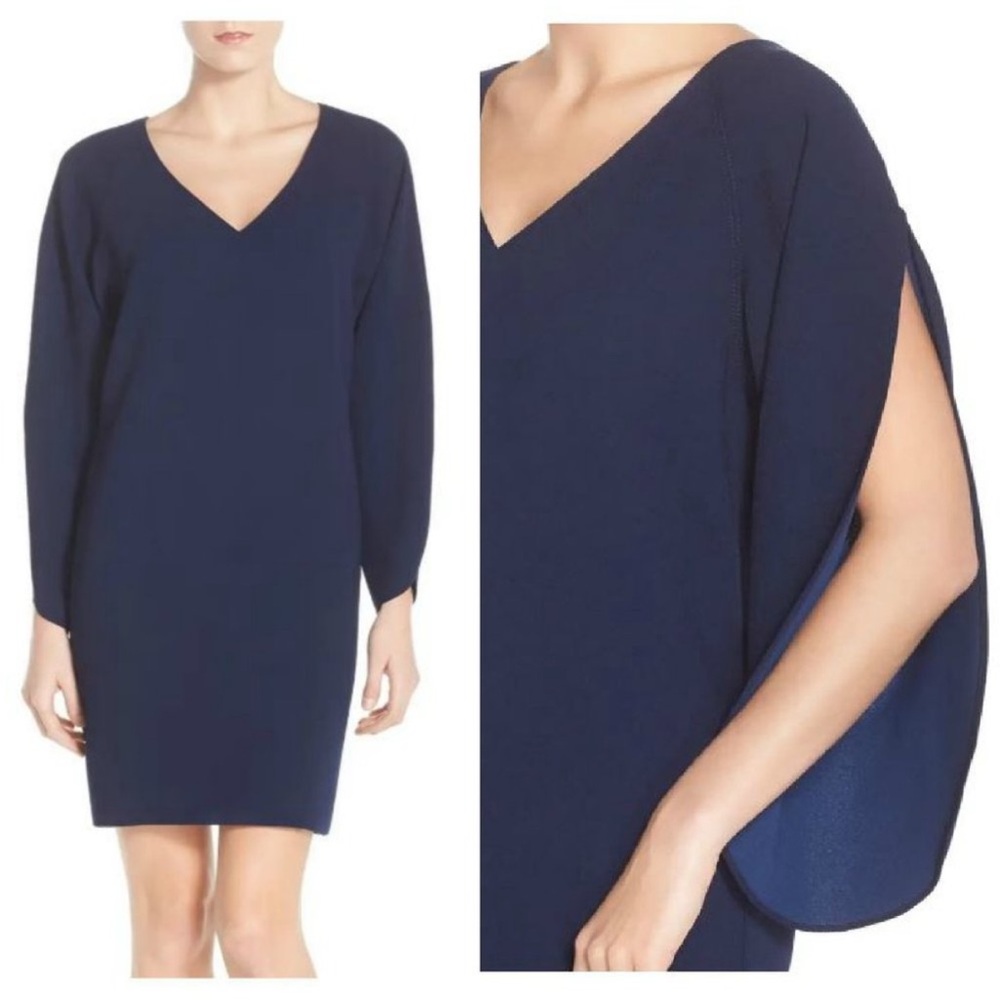 Like New! Trina Turk navy blue short shift dress open long sleeves size 6